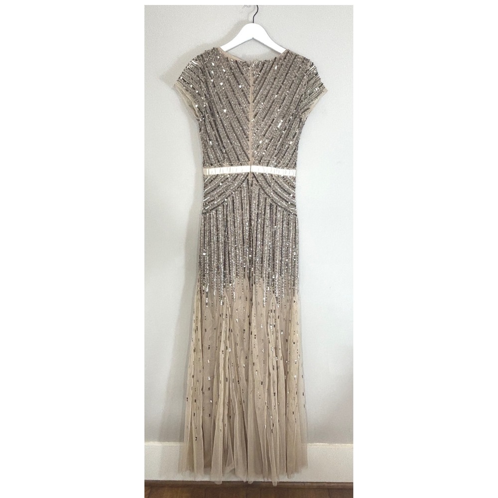 Adrianna Papell Beaded Sequin V-Neck Gown Cap Sleeve Maxi Dress Champagne Silver - Picture 8 of 16